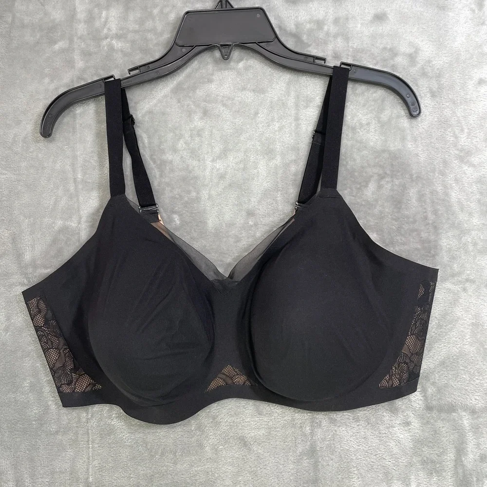 HoneyLove‎ Crossover Wireless Seamless Bra Size 3X/44DD Black Lace/Nude Comfort